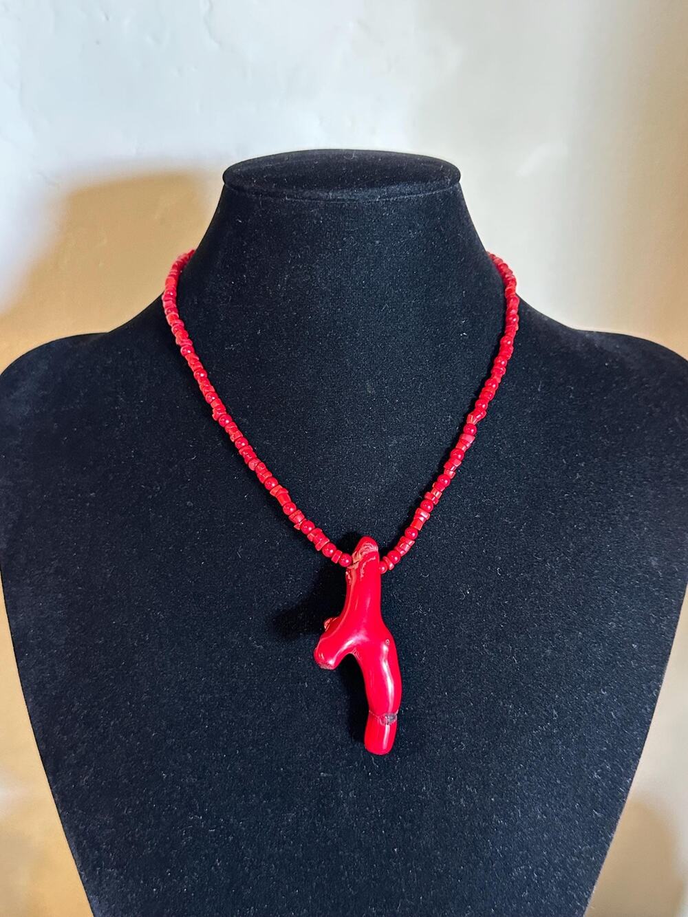 Red Coral Branch Pendant Necklace, Natural Coral Beaded Necklace, 17 “